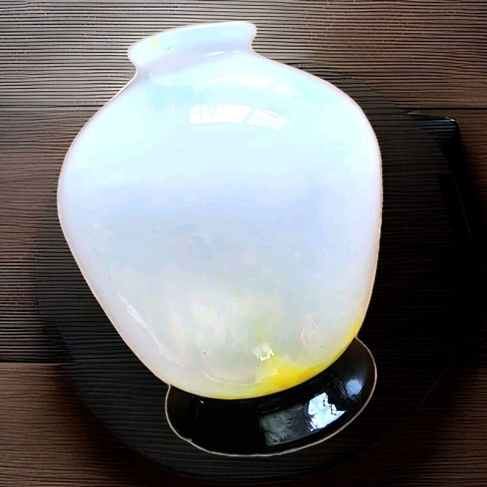 Hand Blown Glass Bud Vase Japan White Yellow Green Black Base High Gloss